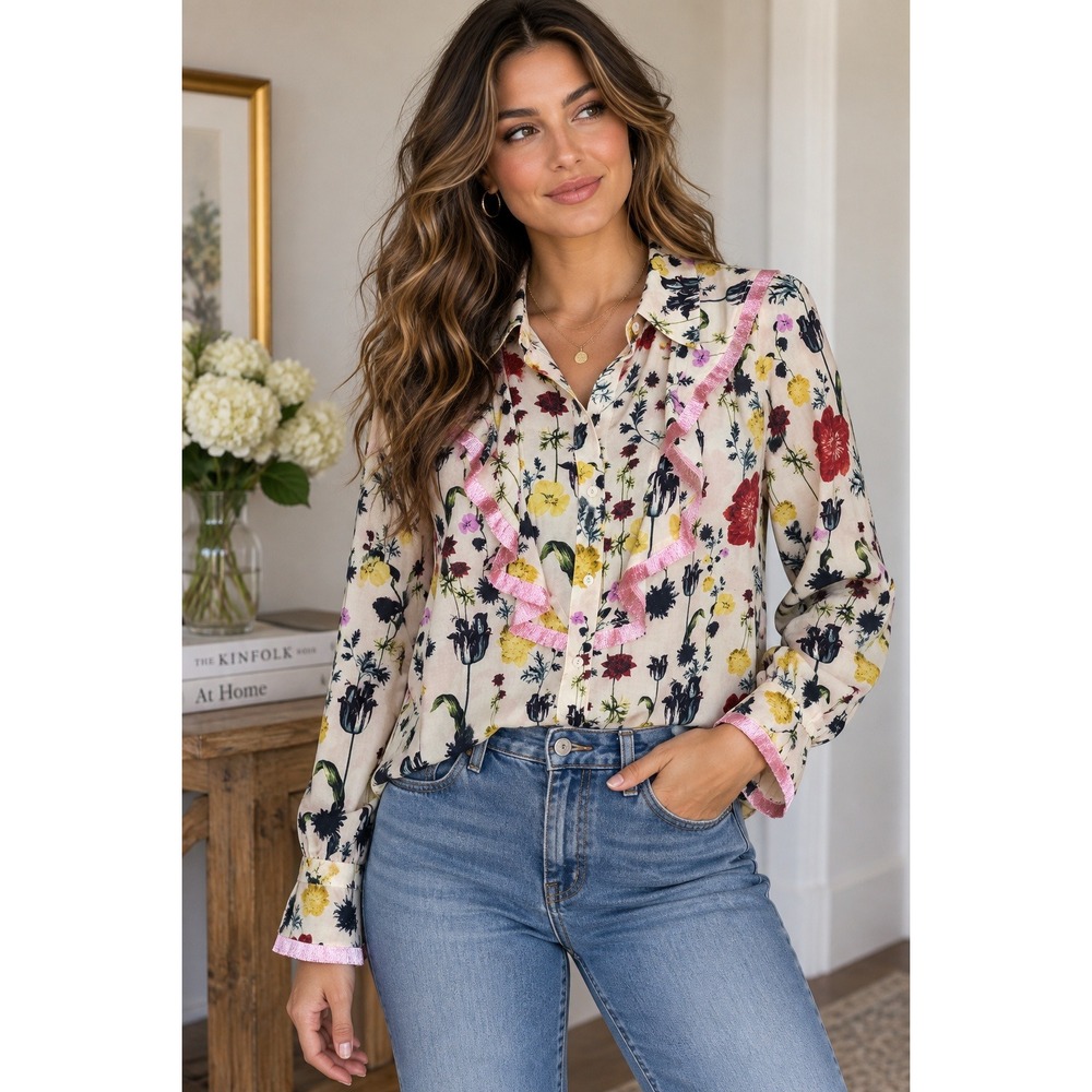 H&M Botanical Floral Ruffle Blouse Pink Metallic Trim Button Front Size 6